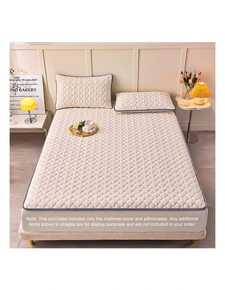 SOGA 153cm Beige Quilted Fleece Mattress Cover Set with Pillow Covers image 2