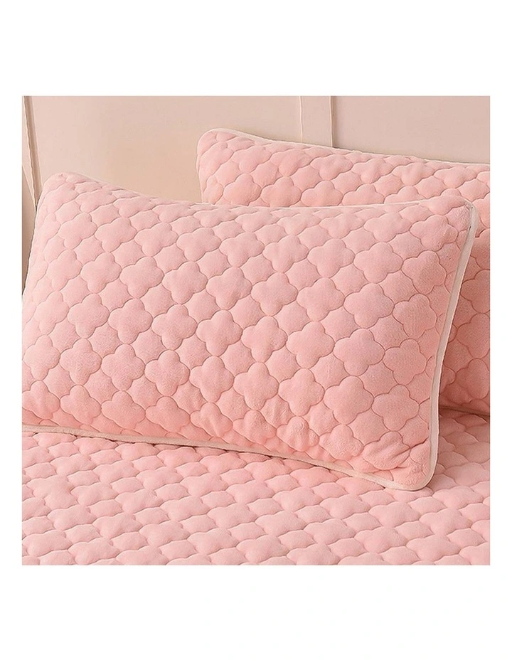 SOGA 183cm Pink Quilted Fleece Mattress Cover Set with Pillow Covers image 3