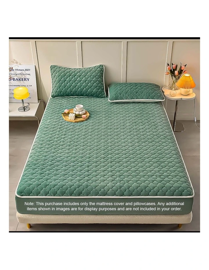 SOGA 183cm Green Quilted Fleece Mattress Cover Set with Pillow Covers image 2
