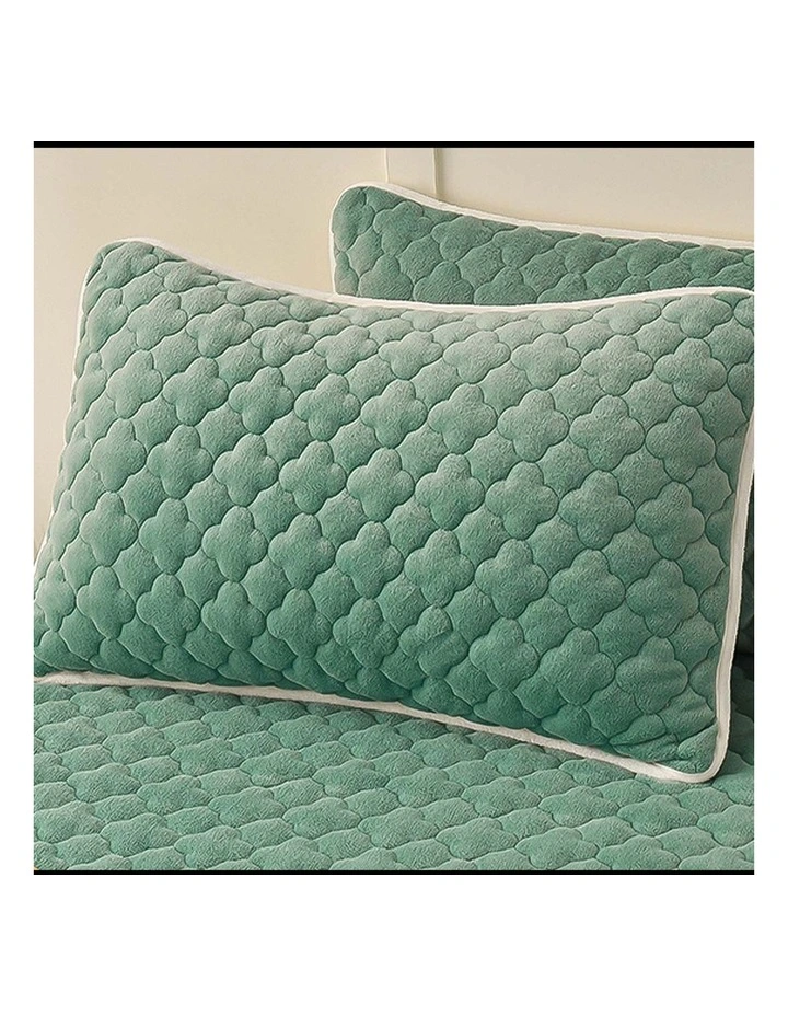 SOGA 183cm Green Quilted Fleece Mattress Cover Set with Pillow Covers image 4