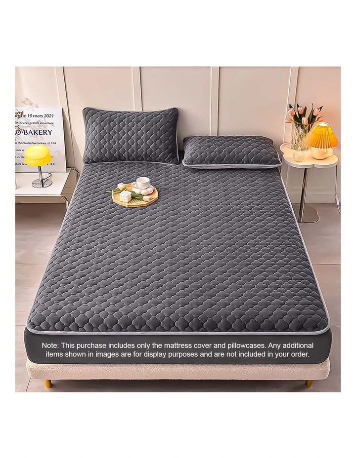 SOGA 153cm Grey Quilted Fleece Mattress Cover Set with Pillow Covers image 2