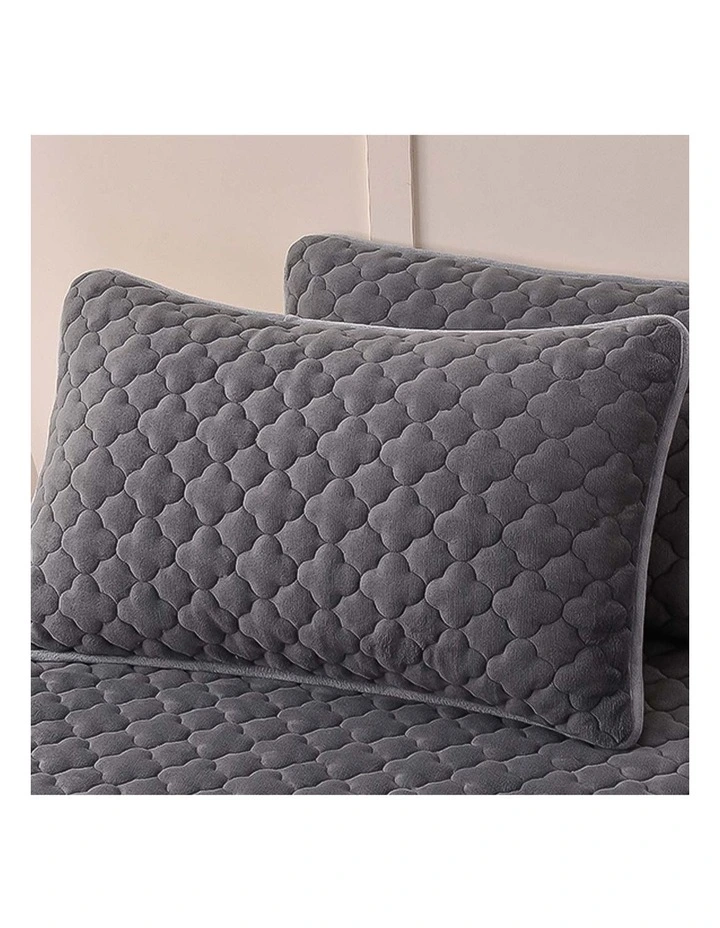 SOGA 153cm Grey Quilted Fleece Mattress Cover Set with Pillow Covers image 5