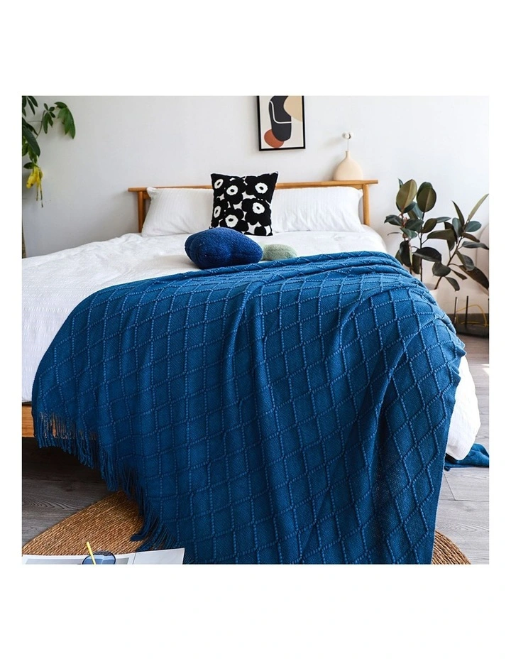 SOGA 2 Pack Royal Blue Diamond Pattern Knitted Throw Blanket 130x230cm image 2