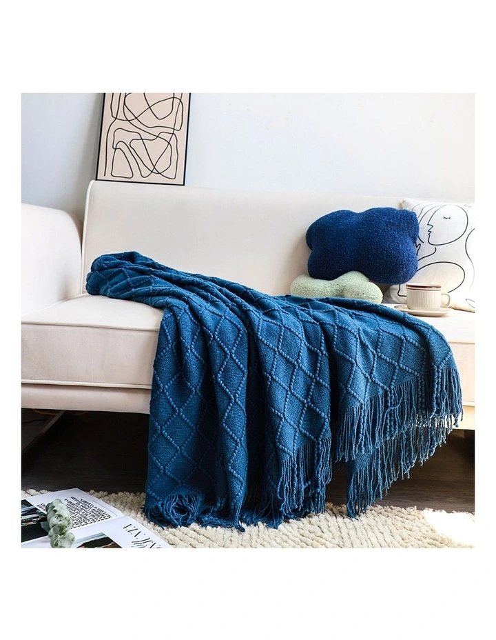 SOGA 2 Pack Royal Blue Diamond Pattern Knitted Throw Blanket 130x230cm image 6