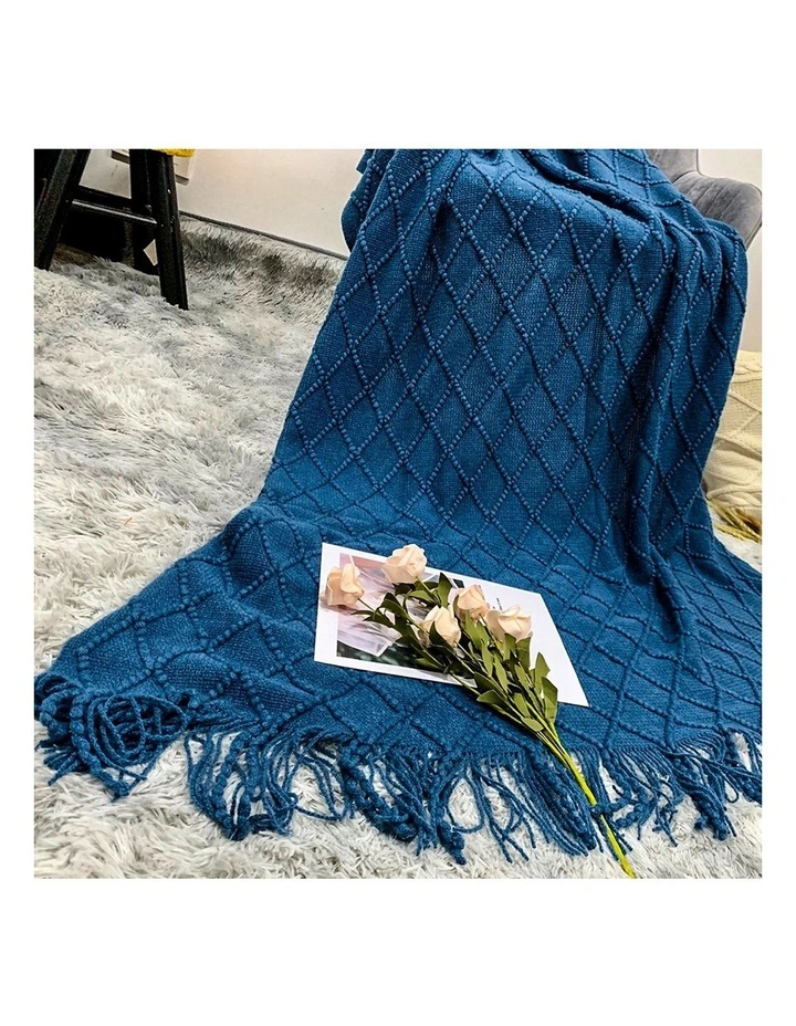 SOGA 2 Pack Royal Blue Diamond Pattern Knitted Throw Blanket 130x230cm image 7
