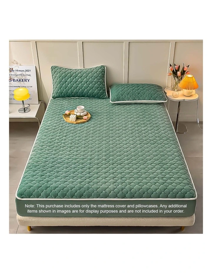 SOGA 153cm Green Quilted Fleece Mattress Cover Set with Pillow Covers image 2