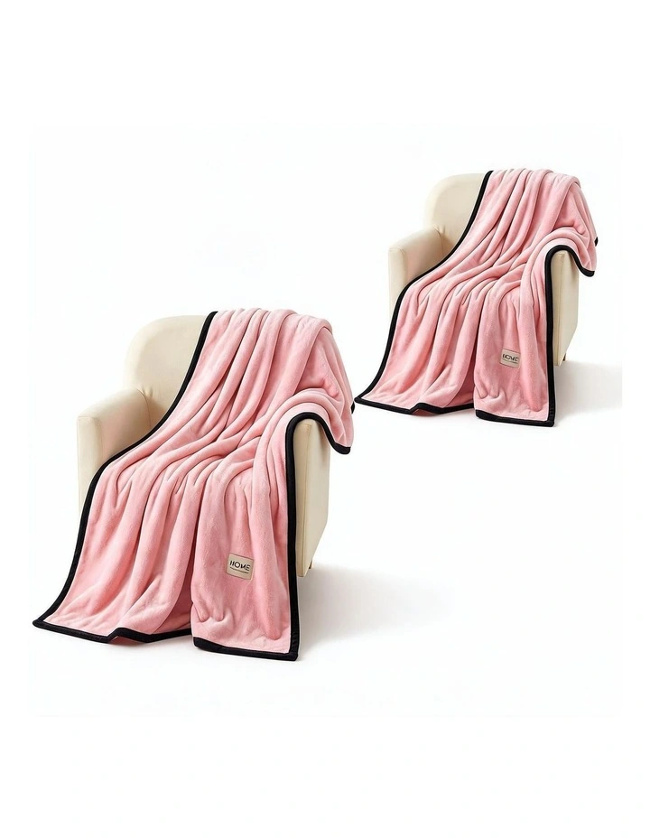 SOGA 2 Pack Pink Flannel Polyester Throw Blanket 200x230cm image 1