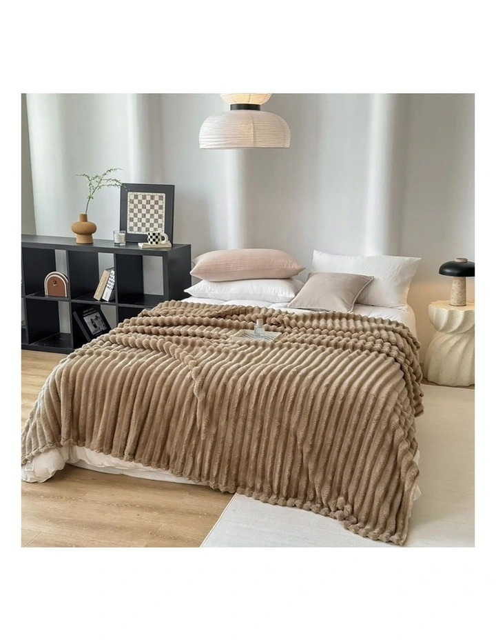SOGA Light Brown Ribbed Plush Throw Blanket Extra Large 200x230cm image 2