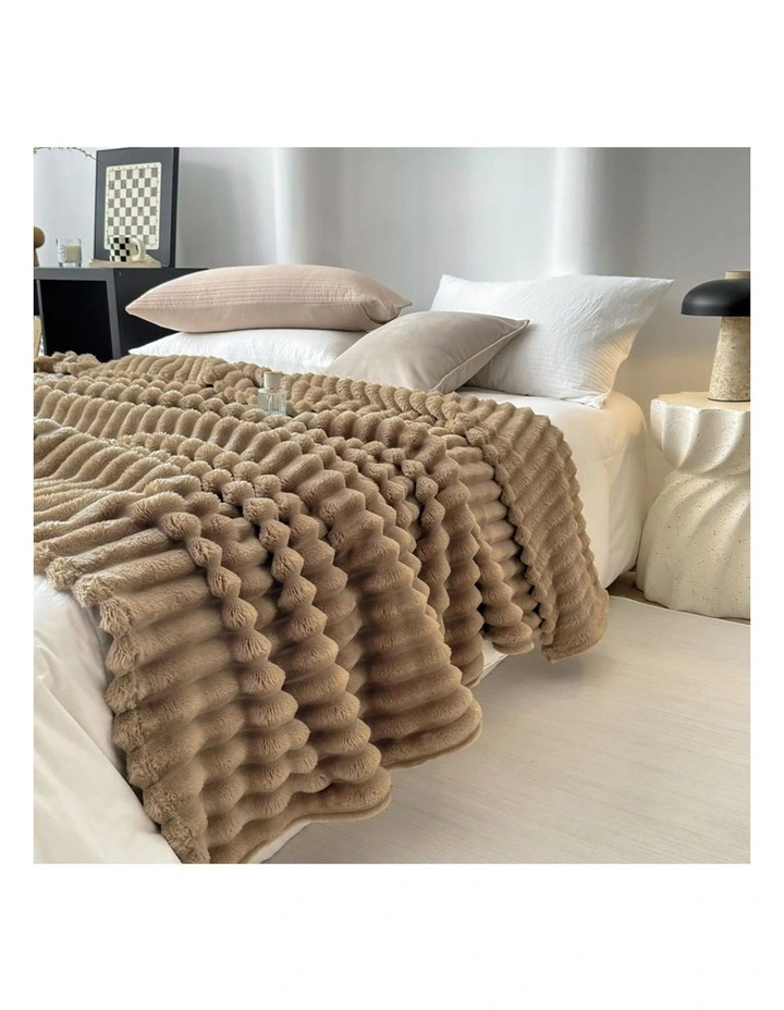 SOGA 2 Pack Light Brown Ribbed Plush Throw Blanket 150x200cm image 3