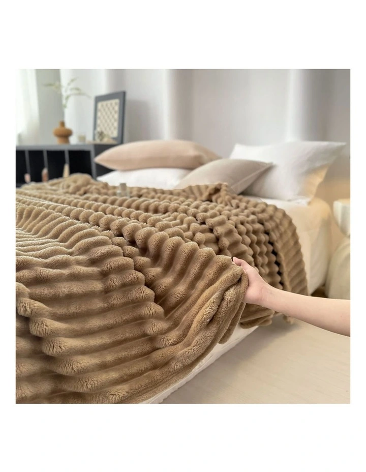 SOGA 2 Pack Light Brown Ribbed Plush Throw Blanket 150x200cm image 6