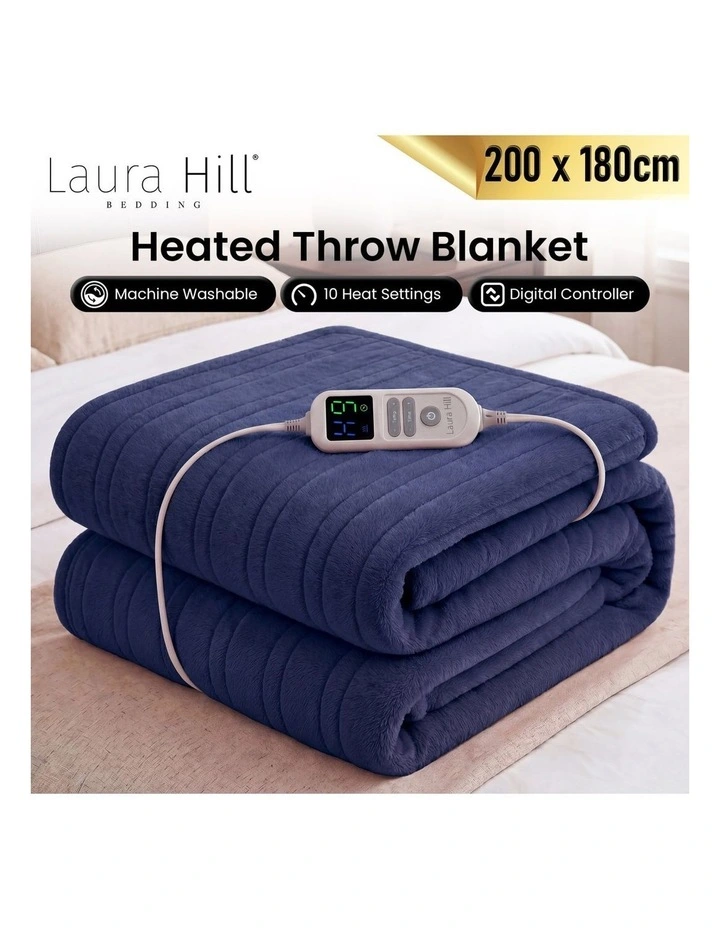 Laura Hill XL Electric Heated Blanket Throw Rug Soft Coral Fleece 10 Heat Settings - Blue image 3