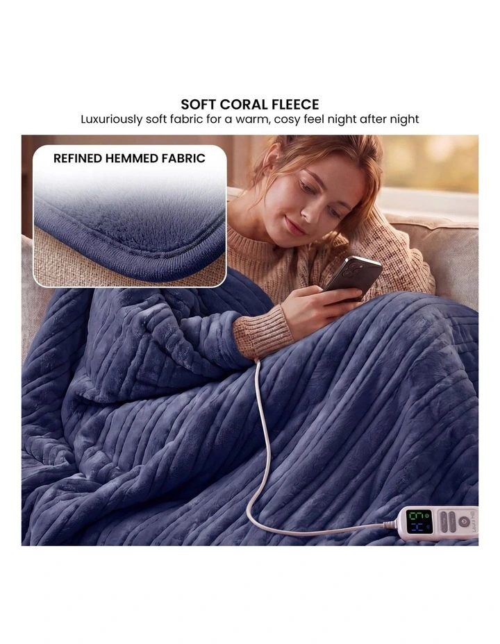 Laura Hill XL Electric Heated Blanket Throw Rug Soft Coral Fleece 10 Heat Settings - Blue image 5