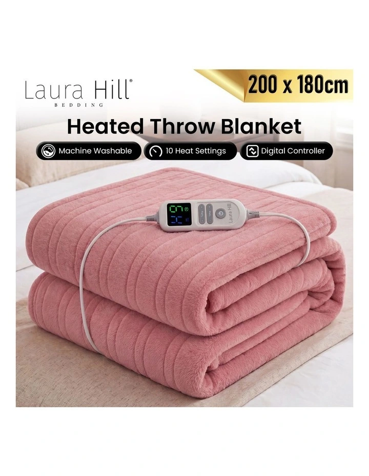 Laura Hill XL Electric Heated Blanket Throw Rug Soft Coral Fleece 10 Heat Settings - Pink image 3