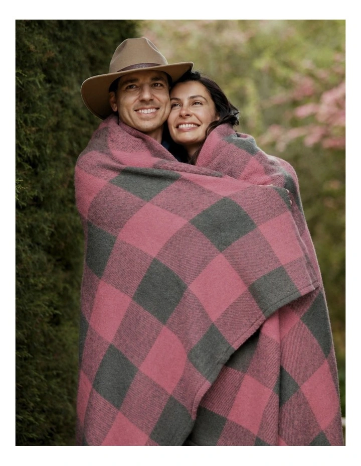 Swagman Recycled Wool Blanket Block Check Blanket Stitch Pink Grey image 3