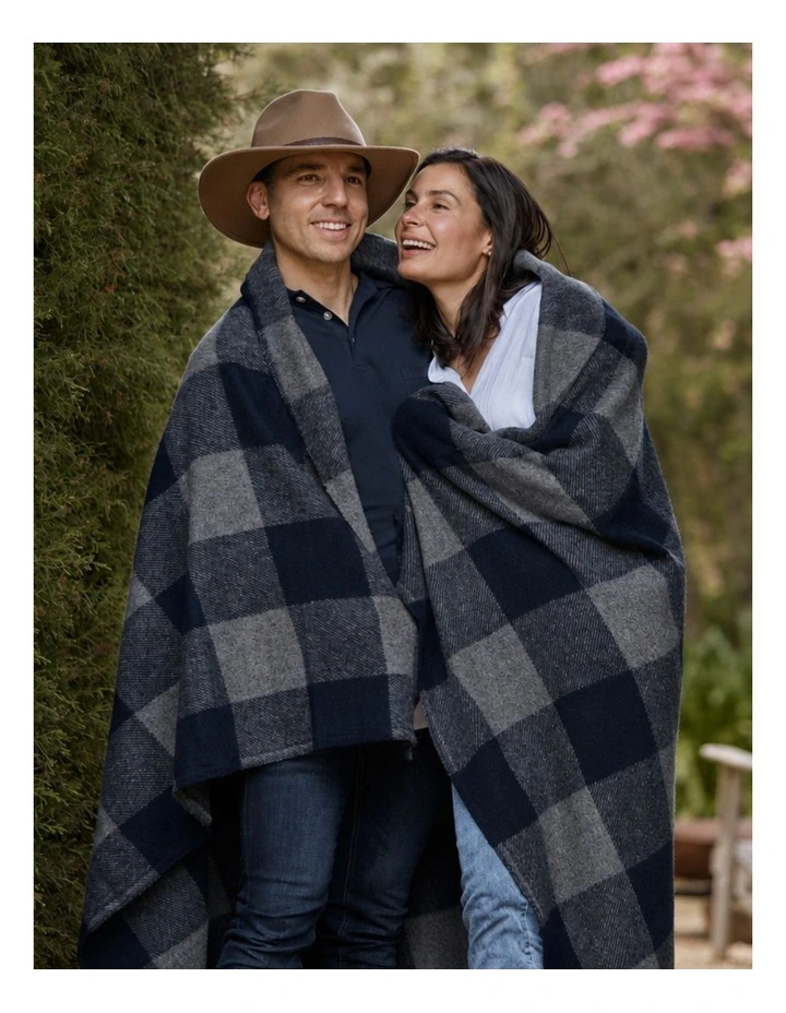 Swagman Recycled Wool Camping Blanket Block Check Blanket Stitch Grey Navy image 3