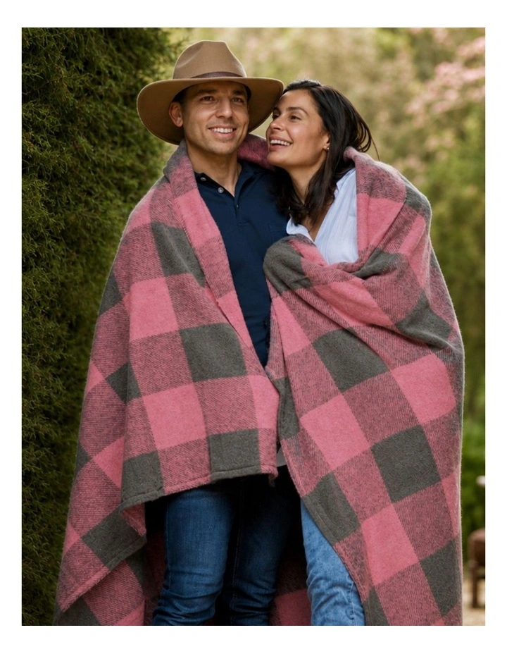 Swagman Recycled Wool Camping Blanket Block Check Blanket Stitch Pink Grey image 3