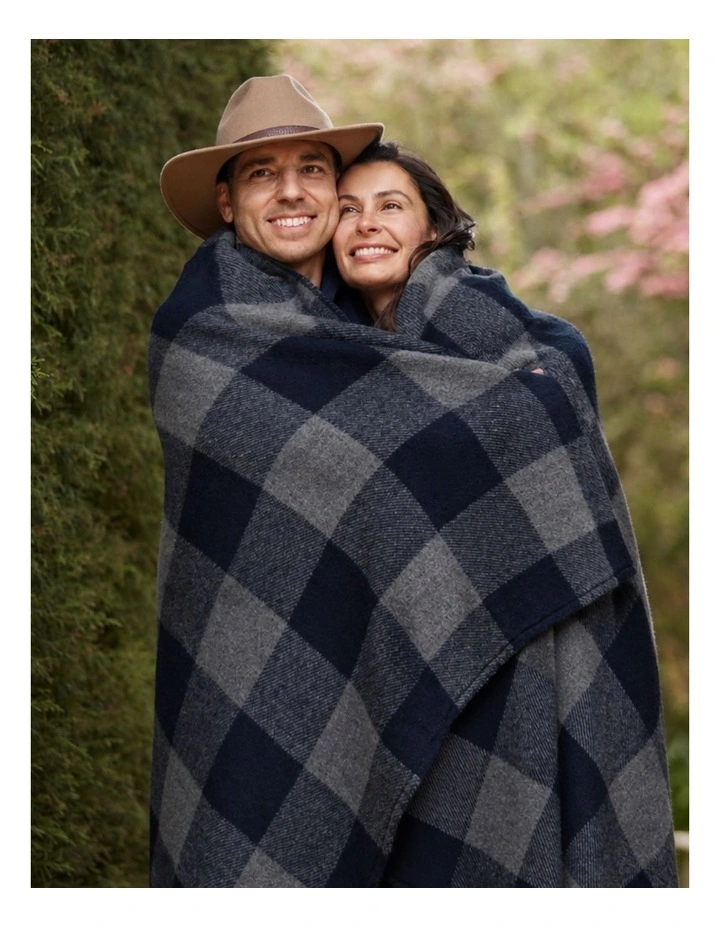 Swagman Recycled Wool Blanket Block Check Blanket Stitch Grey Navy image 3
