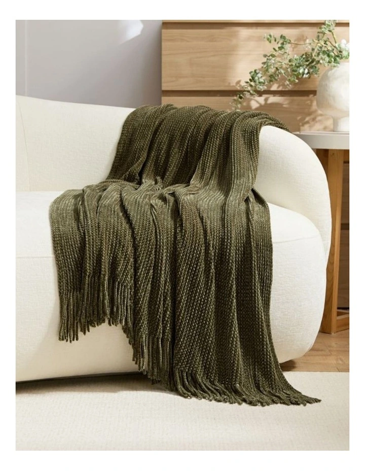 GIOIA CASA Chenille Knitted Throw in Khaki Green image 1