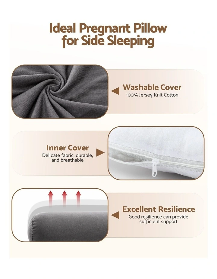 Giselle Bedding L-Shaped Pregnancy Body Pillow, Cotton Cover, 63x115cm, Grey image 5