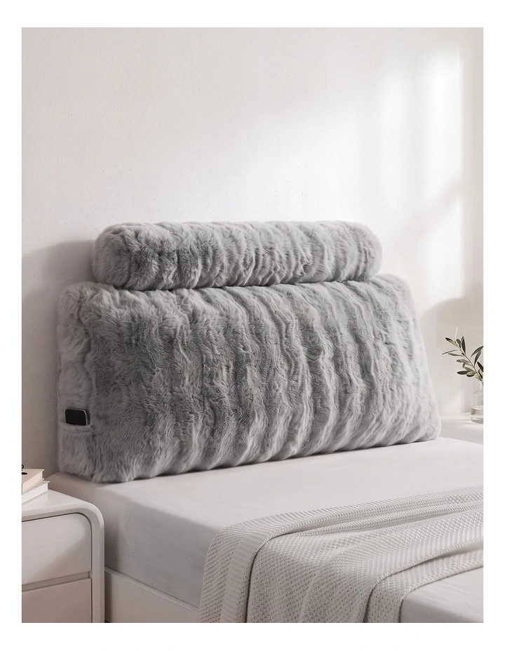 Giselle Wedge Pillow Headboard, Lumbar Support, 340g Faux Rabbit Fur, Pockets, King Single image 6