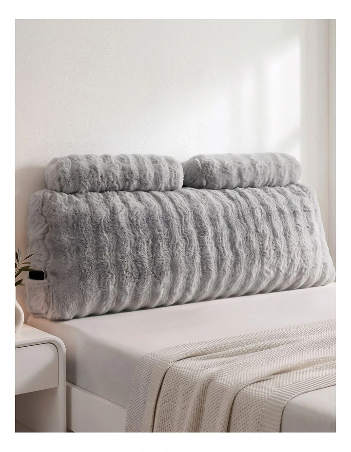 Giselle Wedge Pillow Headboard, Lumbar Support, 340g Faux Rabbit Fur, Pockets, Queen image 6