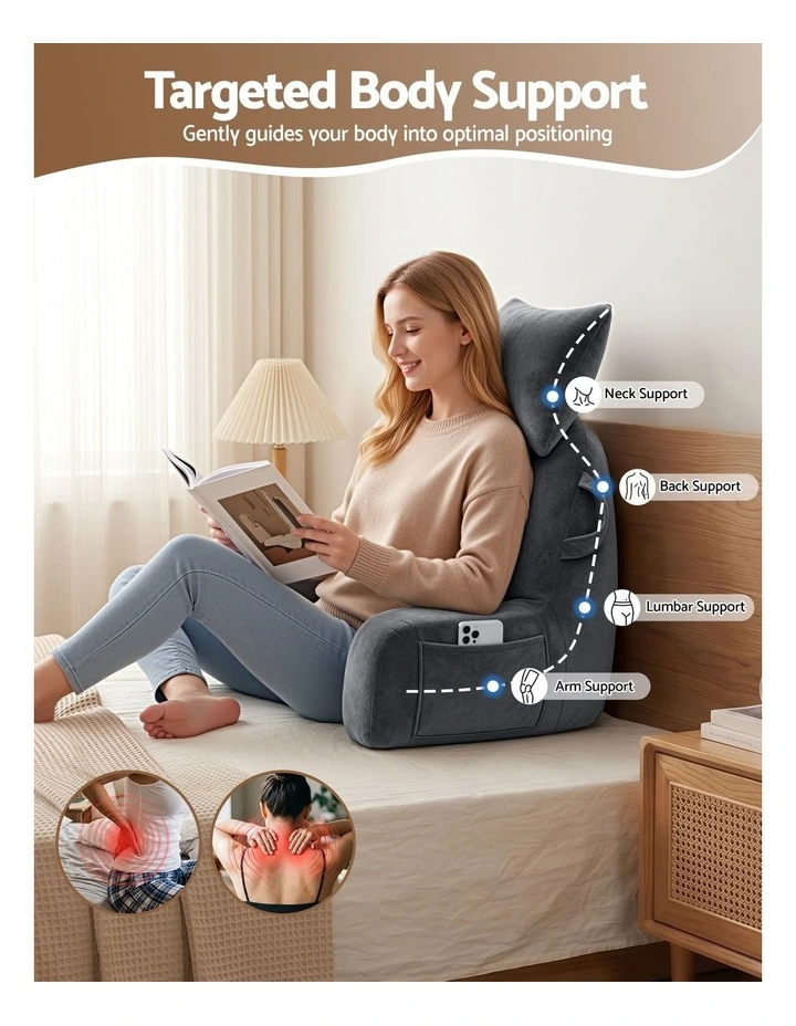 Giselle Bedding Reading Pillow with Detachable Neck Roll & Armrests, Gray image 4