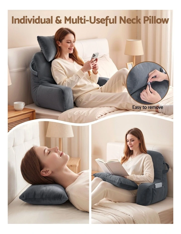 Giselle Bedding Reading Pillow with Detachable Neck Roll & Armrests, Gray image 5