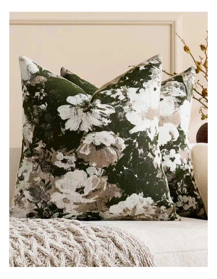 Vintage Floral Chenille Cushion Covers in Moss Green 2 Pack (45x45cm) image 1