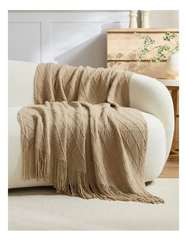 GIOIA CASA Micro Plush Diamond Knitted Throw in Natural image 1