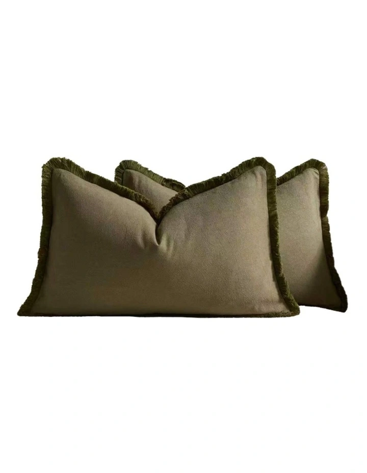 GIOIA CASA Linen-Cotton Cushion Covers with Tassels in Olive 2 Pack (30x50cm) image 4