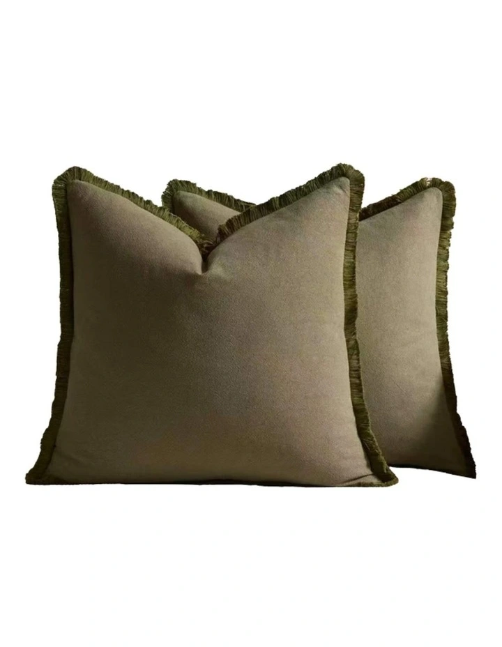 GIOIA CASA Linen-Cotton Cushion Covers with Tassels in Olive 2 Pack (45x45cm) image 4