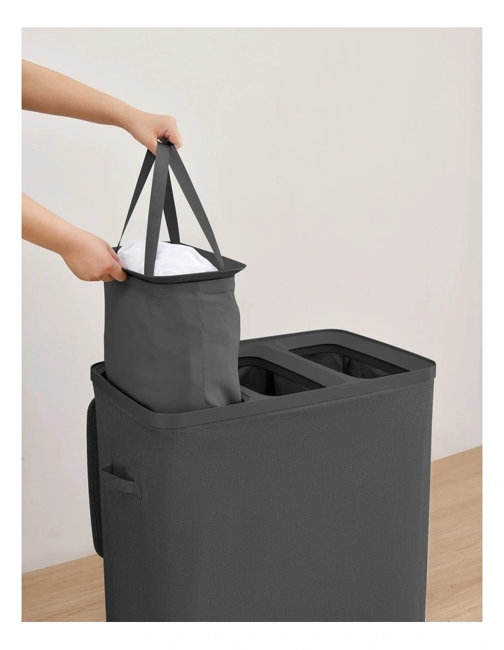 Sherwood Voyager 3-Section Laundry Hamper 120L Faux Linen 64x40x67cm Slate image 2