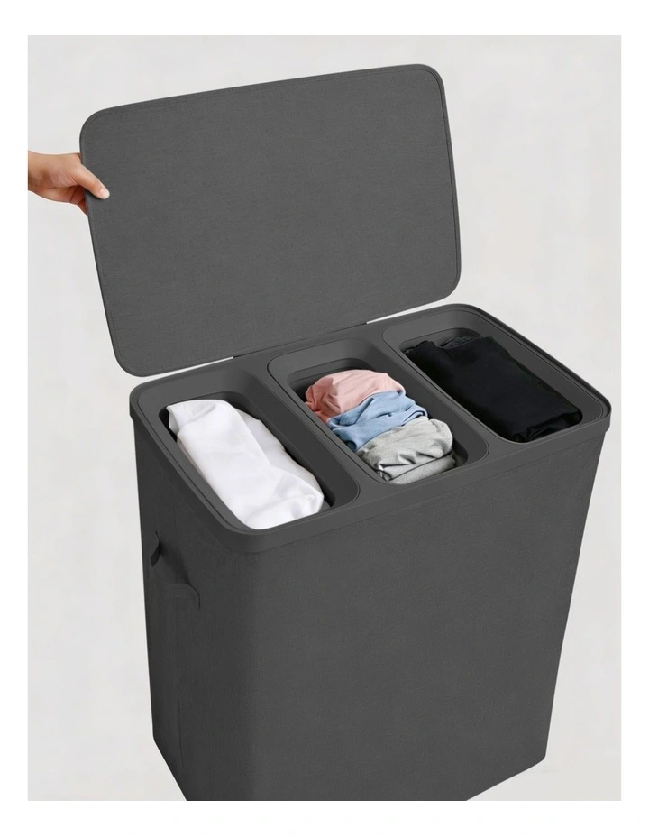 Sherwood Voyager 3-Section Laundry Hamper 120L Faux Linen 64x40x67cm Slate image 4