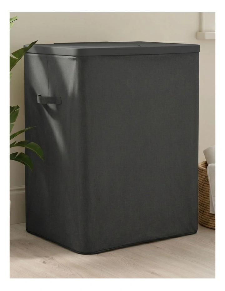 Sherwood Voyager 2-Section Laundry Hamper 100L Faux Linen 56x40x67cm Slate image 1