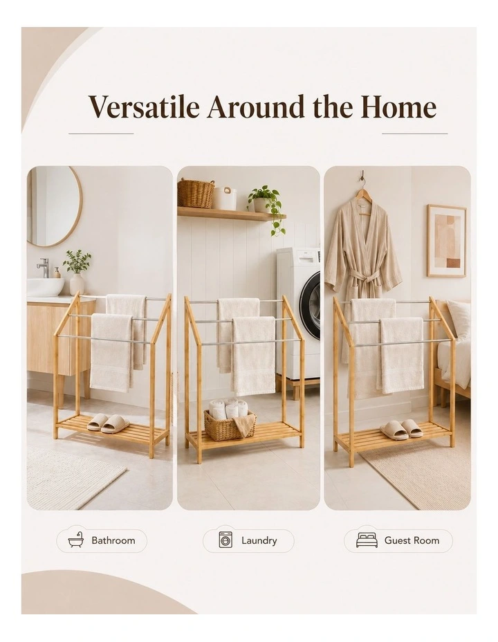 Living Today 85cm Freestanding 3 Tier Bathroom Towel Rack with Bamboo Shelves image 2