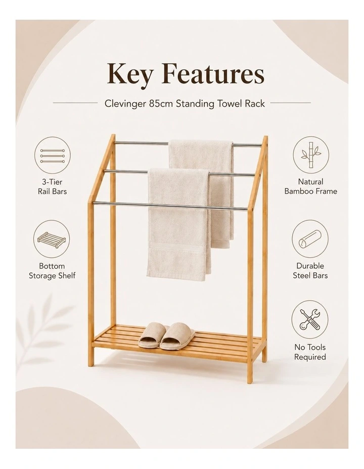Living Today 85cm Freestanding 3 Tier Bathroom Towel Rack with Bamboo Shelves image 4