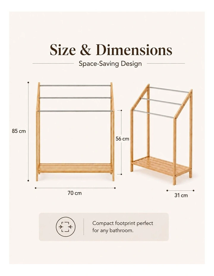 Living Today 85cm Freestanding 3 Tier Bathroom Towel Rack with Bamboo Shelves image 5
