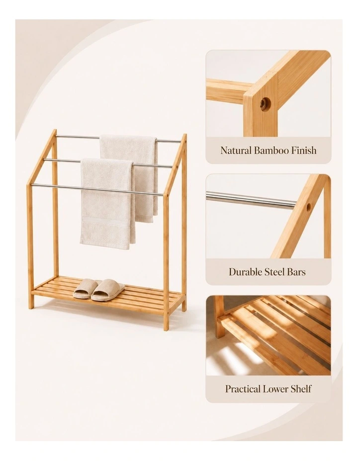 Living Today 85cm Freestanding 3 Tier Bathroom Towel Rack with Bamboo Shelves image 6