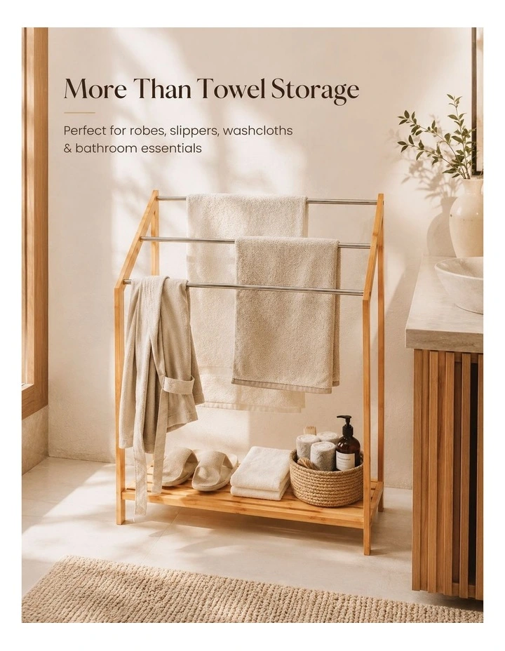 Living Today 85cm Freestanding 3 Tier Bathroom Towel Rack with Bamboo Shelves image 7
