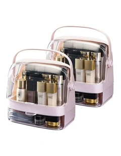 SOGA 2X 2 Tier Pink Makeup Cosmetic Storage Organiser Box with Handle