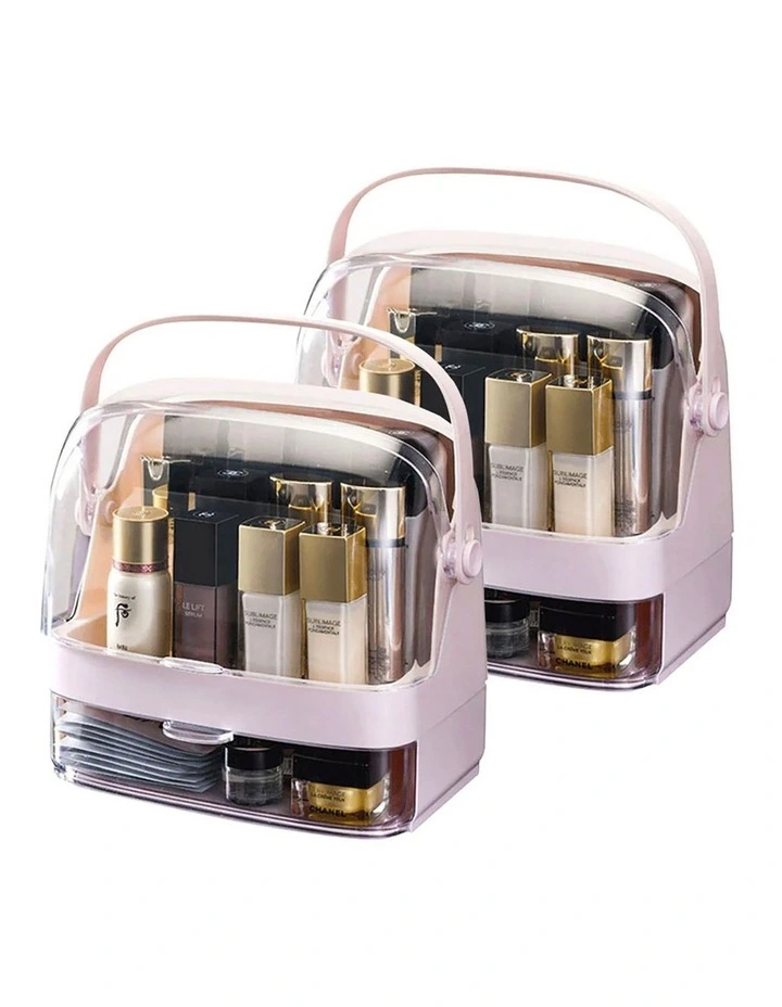 SOGA 2X 2 Tier Pink Makeup Cosmetic Storage Organiser Box with Handle image 1