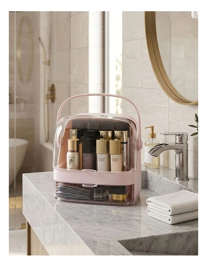SOGA 2X 2 Tier Pink Makeup Cosmetic Storage Organiser Box with Handle image 3
