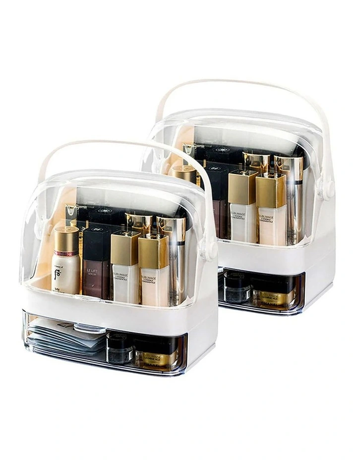 SOGA 2X 2 Tier White Makeup Cosmetic Storage Organiser Box with Handle image 1