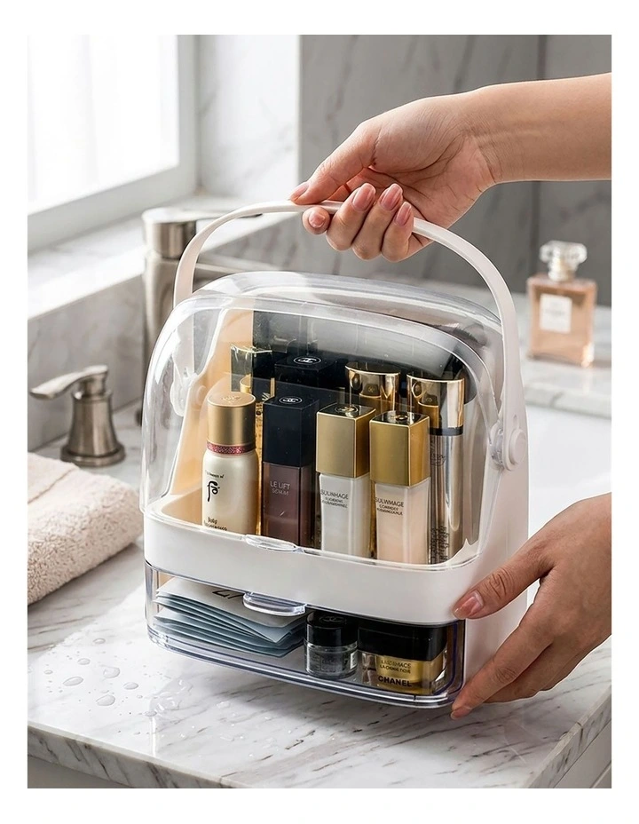 SOGA 2X 2 Tier White Makeup Cosmetic Storage Organiser Box with Handle image 2