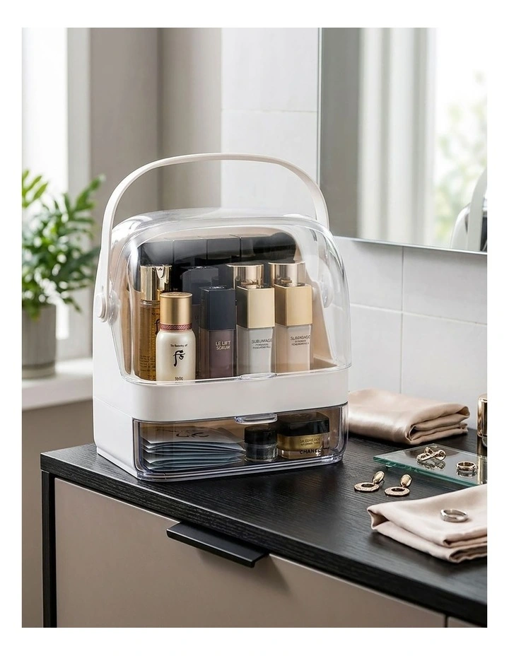 SOGA 2X 2 Tier White Makeup Cosmetic Storage Organiser Box with Handle image 3