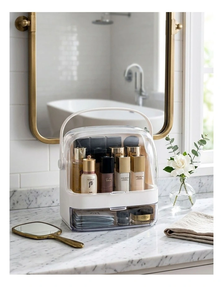 SOGA 2X 2 Tier White Makeup Cosmetic Storage Organiser Box with Handle image 4