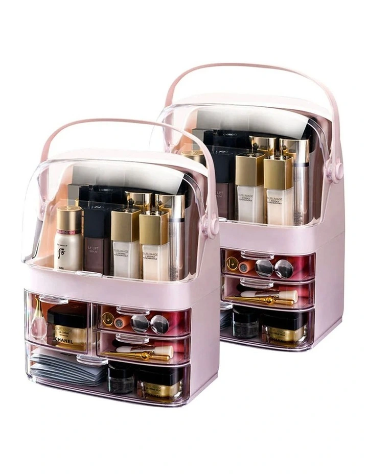 SOGA 2X 3 Tier Pink Makeup Cosmetic Storage Organiser Box with Handle image 1