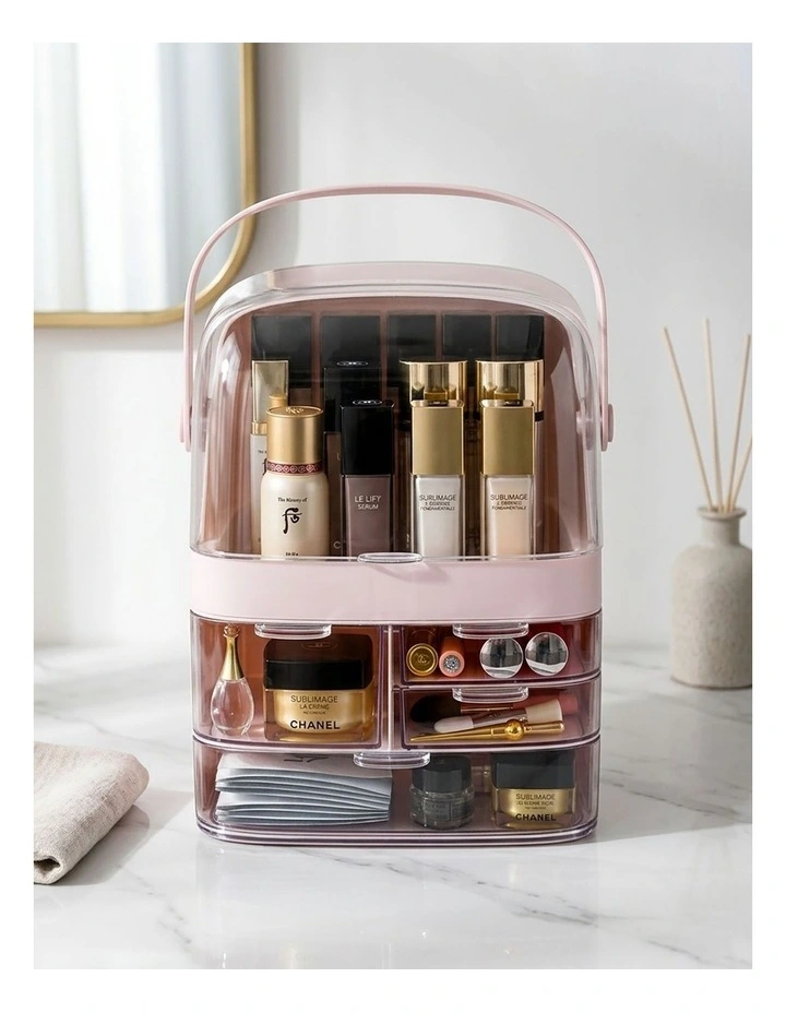 SOGA 2X 3 Tier Pink Makeup Cosmetic Storage Organiser Box with Handle image 2