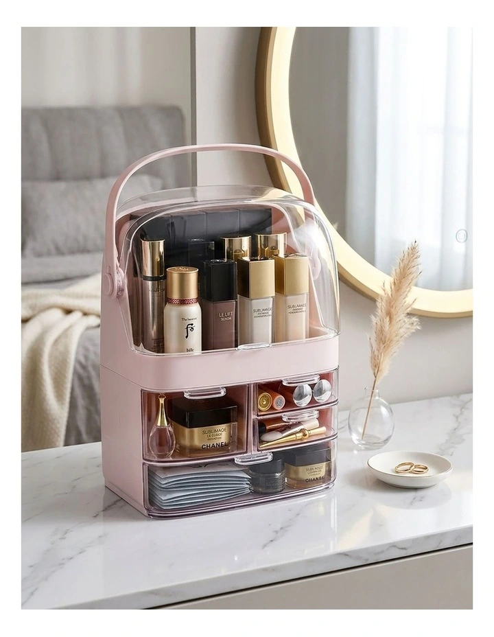 SOGA 2X 3 Tier Pink Makeup Cosmetic Storage Organiser Box with Handle image 3