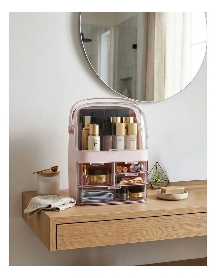 SOGA 2X 3 Tier Pink Makeup Cosmetic Storage Organiser Box with Handle image 4